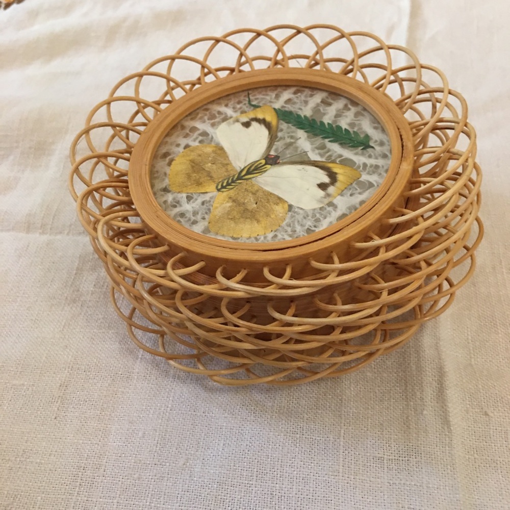 Vintage Wicker rattan butterfly drink coaster boho